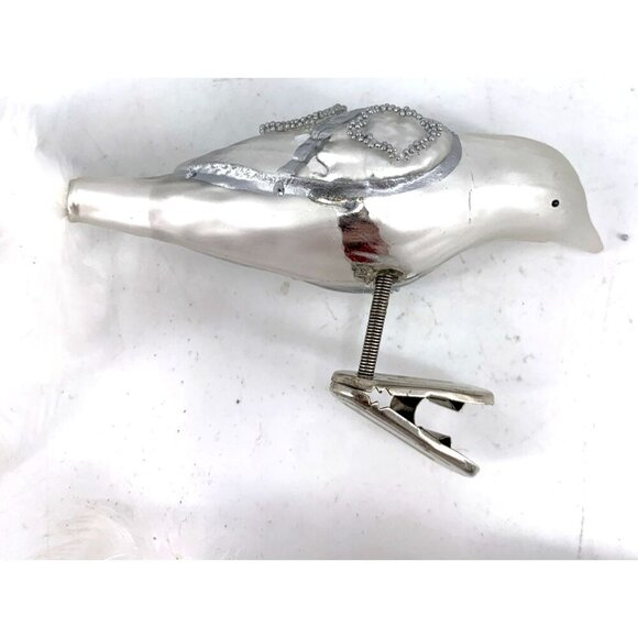 Glass Bird Christmas Ornaments Clip On White Silver Feather Tails Lot of 2 - Picture 5 of 6